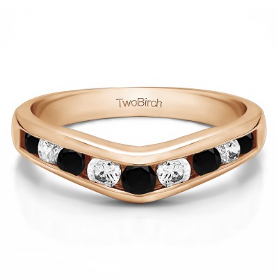 1 Ct. Black and White Nine Round Stone Channel Set Chevron Contour Wedding Band in Rose Gold