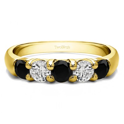 0.75 Carat Black and White Five Stone Common Prong Anniversary Band in Yellow Gold