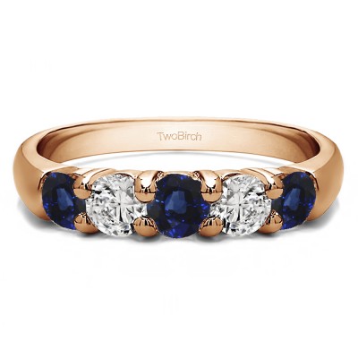 0.75 Carat Sapphire and Diamond Five Stone Common Prong Anniversary Band in Rose Gold