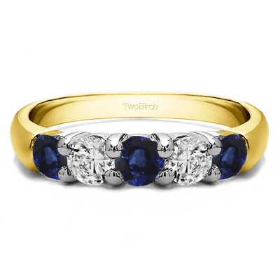 0.75 Carat Sapphire and Diamond Five Stone Common Prong Anniversary Band in Two Tone Gold