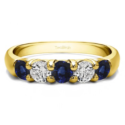 0.75 Carat Sapphire and Diamond Five Stone Common Prong Anniversary Band in Yellow Gold
