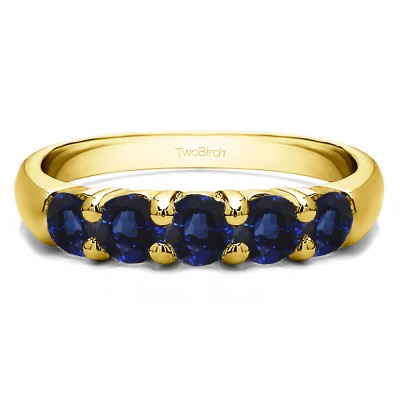 0.75 Carat Sapphire Five Stone Common Prong Anniversary Band in Yellow Gold