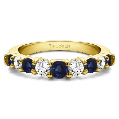 0.25 Ct. Sapphire and Diamond Nine Round Stone Double Shared Prong Curved Shadow Band in Yellow Gold