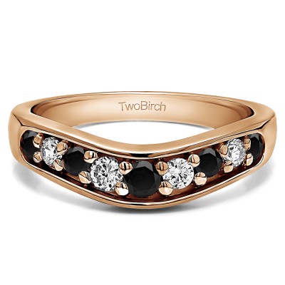 0.42 Ct. Black and White Nine Stone Graduated Prong In Channel Contour Wedding Ring in Rose Gold