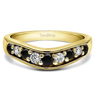 0.2 Ct. Black and White Nine Stone Graduated Prong In Channel Contour Wedding Ring in Yellow Gold