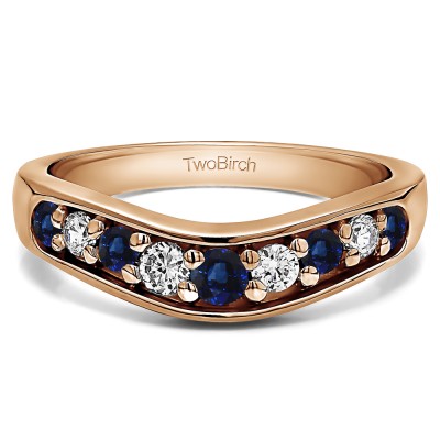 0.42 Ct. Sapphire and Diamond Nine Stone Graduated Prong In Channel Contour Wedding Ring in Rose Gold