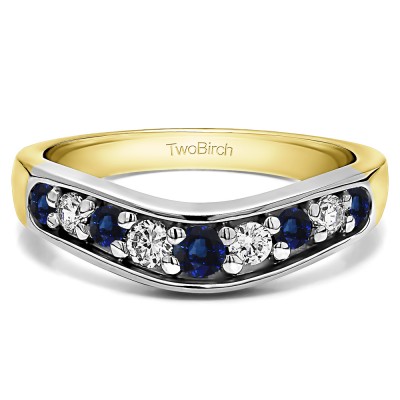 0.2 Ct. Sapphire and Diamond Nine Stone Graduated Prong In Channel Contour Wedding Ring in Two Tone Gold