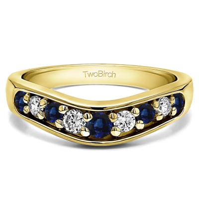 0.2 Ct. Sapphire and Diamond Nine Stone Graduated Prong In Channel Contour Wedding Ring in Yellow Gold