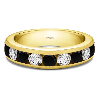 1 Carat Black and White 10 Stone Channel Set Wedding Ring in Yellow Gold
