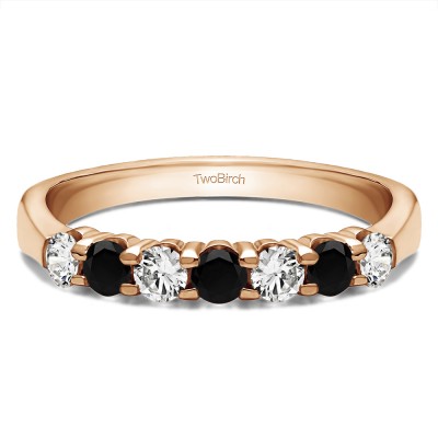 0.7 Carat Black and White Seven Stone Shared Prong Tapered Shank Wedding Ring  in Rose Gold