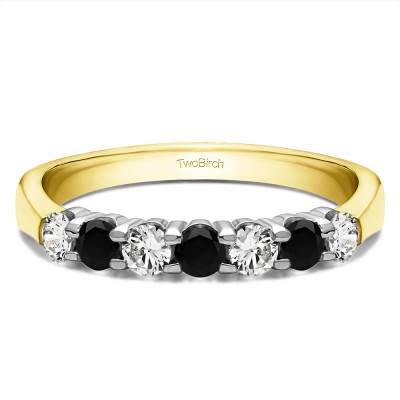 0.7 Carat Black and White Seven Stone Shared Prong Tapered Shank Wedding Ring  in Two Tone Gold