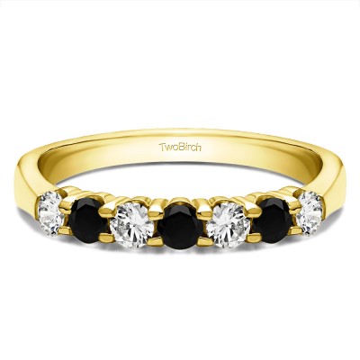 0.7 Carat Black and White Seven Stone Shared Prong Tapered Shank Wedding Ring  in Yellow Gold