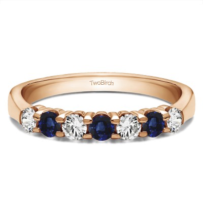 0.7 Carat Sapphire and Diamond Seven Stone Shared Prong Tapered Shank Wedding Ring  in Rose Gold