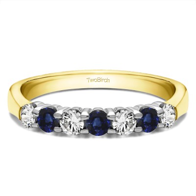 0.7 Carat Sapphire and Diamond Seven Stone Shared Prong Tapered Shank Wedding Ring  in Two Tone Gold