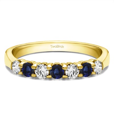 0.7 Carat Sapphire and Diamond Seven Stone Shared Prong Tapered Shank Wedding Ring  in Yellow Gold