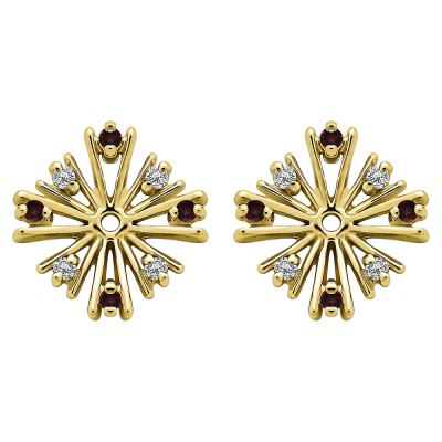 0.16 Carat Ruby and Diamond Round Prong Starburst Inspired Earring Jacket in Yellow Gold