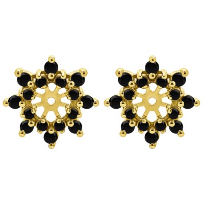 0.48 Carat Black Round Prong Cluster Halo Earring Jacket in Yellow Gold