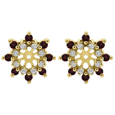 0.96 Carat Ruby and Diamond Round Double Row Halo Earring Jacket in Yellow Gold
