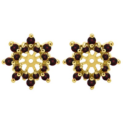 0.96 Carat Ruby Round Double Row Halo Earring Jacket in Yellow Gold