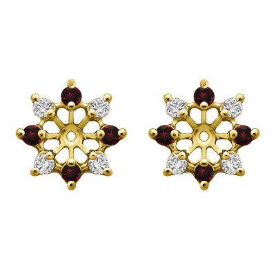 0.32 Carat Ruby and Diamond Round Shared Prong Halo Earring Jacket in Yellow Gold