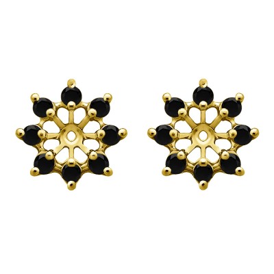 0.96 Carat Black Round Shared Prong Halo Earring Jacket in Yellow Gold