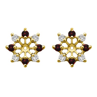 0.96 Carat Ruby and Diamond Round Shared Prong Halo Earring Jacket in Yellow Gold