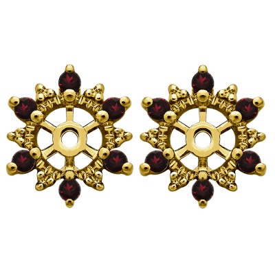 0.24 Carat Ruby Round Shared Prong Halo Earring Jacket in Yellow Gold