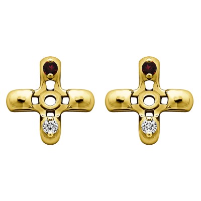 0.06 Carat Ruby and Diamond Cross Shaped Earring Jackets in Yellow Gold
