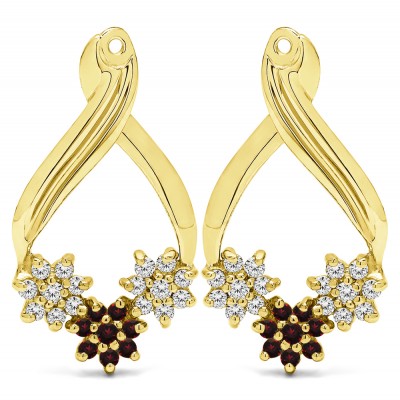 0.54 Carat Ruby and Diamond Triple Flower Cluster Earring Jackets  in Yellow Gold