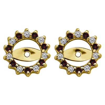 0.28 Carat Ruby and Diamond Shared Prong Round Halo Earring Jackets in Yellow Gold