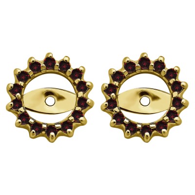 0.28 Carat Ruby Shared Prong Round Halo Earring Jackets in Yellow Gold