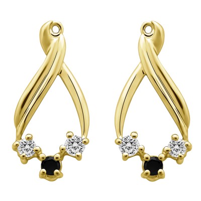 0.52 Carat Black and White Three Stone Chandalier Earring Jackets in Yellow Gold
