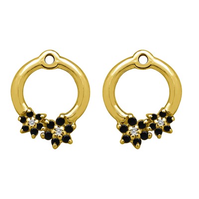 0.19 Carat Black and White Double Flower Prong Set Earing Jackets in Yellow Gold