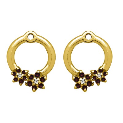 0.19 Carat Ruby and Diamond Double Flower Prong Set Earing Jackets in Yellow Gold