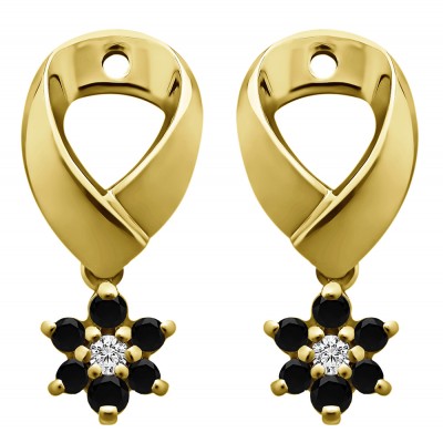 0.22 Carat Black and White Flower Dangle Earring Jackets in Yellow Gold