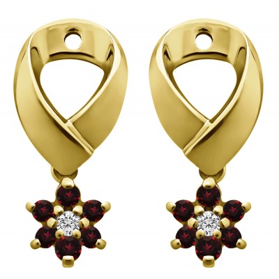 0.22 Carat Ruby and Diamond Flower Dangle Earring Jackets in Yellow Gold