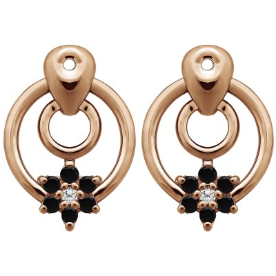 0.28 Carat Black and White Double Circle Flower Dangle Earring Jackets in Rose Gold
