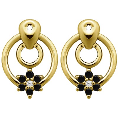 0.28 Carat Black and White Double Circle Flower Dangle Earring Jackets in Yellow Gold