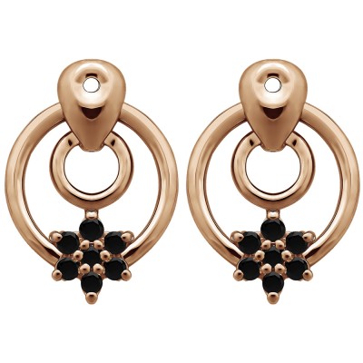 0.28 Carat Black Double Circle Flower Dangle Earring Jackets in Rose Gold