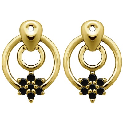 0.28 Carat Black Double Circle Flower Dangle Earring Jackets in Yellow Gold