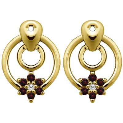 0.28 Carat Ruby and Diamond Double Circle Flower Dangle Earring Jackets in Yellow Gold