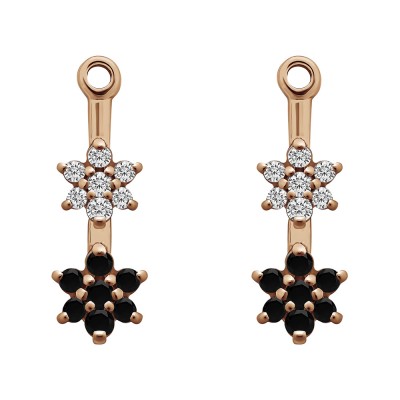 0.19 Carat Black and White Double Flower Dangle Earring Jackets in Rose Gold