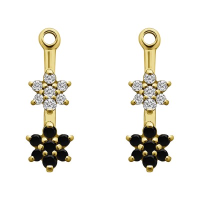 0.19 Carat Black and White Double Flower Dangle Earring Jackets in Yellow Gold