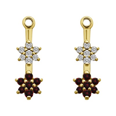 0.19 Carat Ruby and Diamond Double Flower Dangle Earring Jackets in Yellow Gold