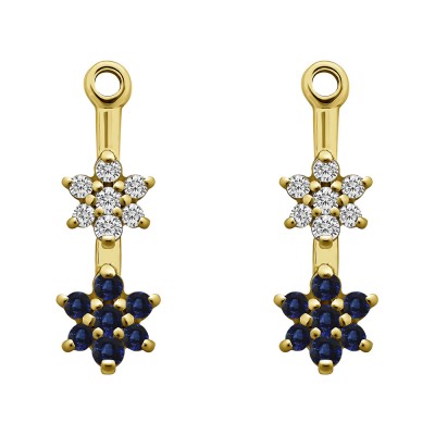 0.19 Carat Sapphire and Diamond Double Flower Dangle Earring Jackets in Yellow Gold