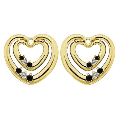 0.22 Carat Black and White Double Heart Shaped Earring Jackets in Yellow Gold