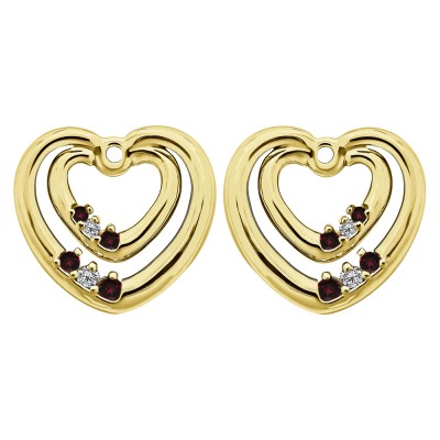 0.22 Carat Ruby and Diamond Double Heart Shaped Earring Jackets in Yellow Gold