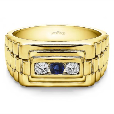 0.3 Ct. Sapphire and Diamond Three Stone Men's Wedding Ring with Ribbed Edges in Yellow Gold