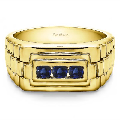 0.3 Ct. Sapphire Three Stone Men's Wedding Ring with Ribbed Edges in Yellow Gold