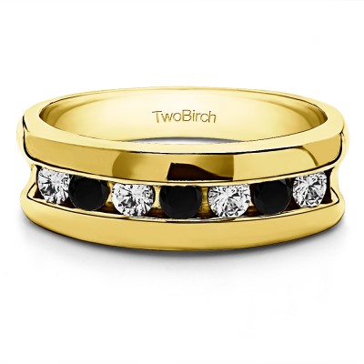0.98 Ct. Black and White Seven Stone Channel Set Men's Wedding Band in Yellow Gold